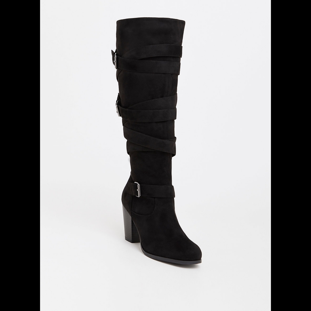 Black strappy wide calf boots